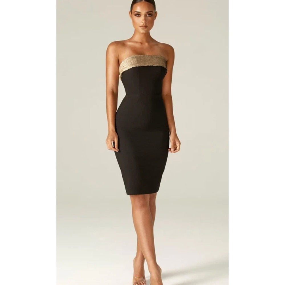 ALIEVA Black Strapless Sequin Trim Bodycon Midi Dress Womens Small